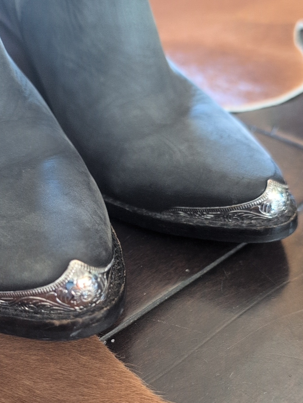 Jeffrey Campbell Slate Gray Leather Ankle Booties with Silver Toe & Heel Caps - Picture 2 of 7